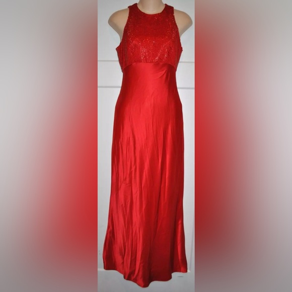 CACHE CARMEN MARC VALVO Red Beaded Satin Maxi Long Dress size 2 Y2K Vintage - Picture 1 of 5